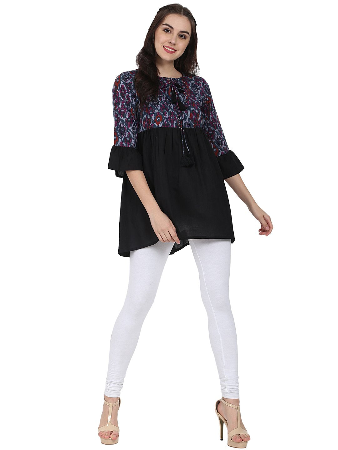 Black printed 3/4th sleeve cotton Tunic | NOZ2TOZ - Made In INDIA.