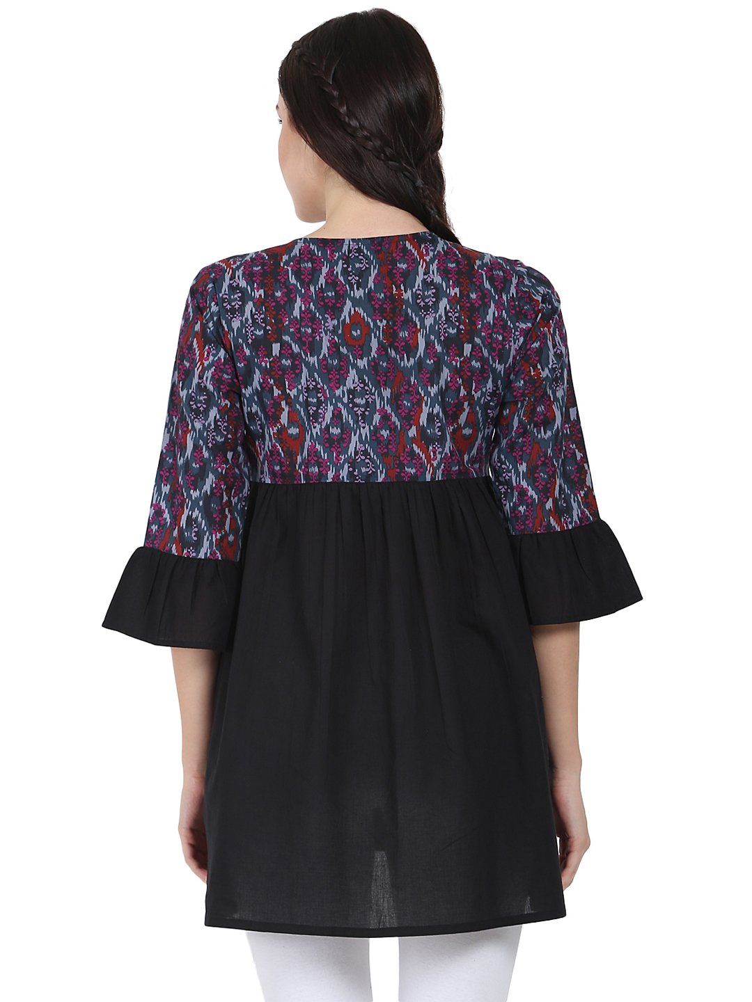 Black printed 3/4th sleeve cotton Tunic | NOZ2TOZ - Made In INDIA.