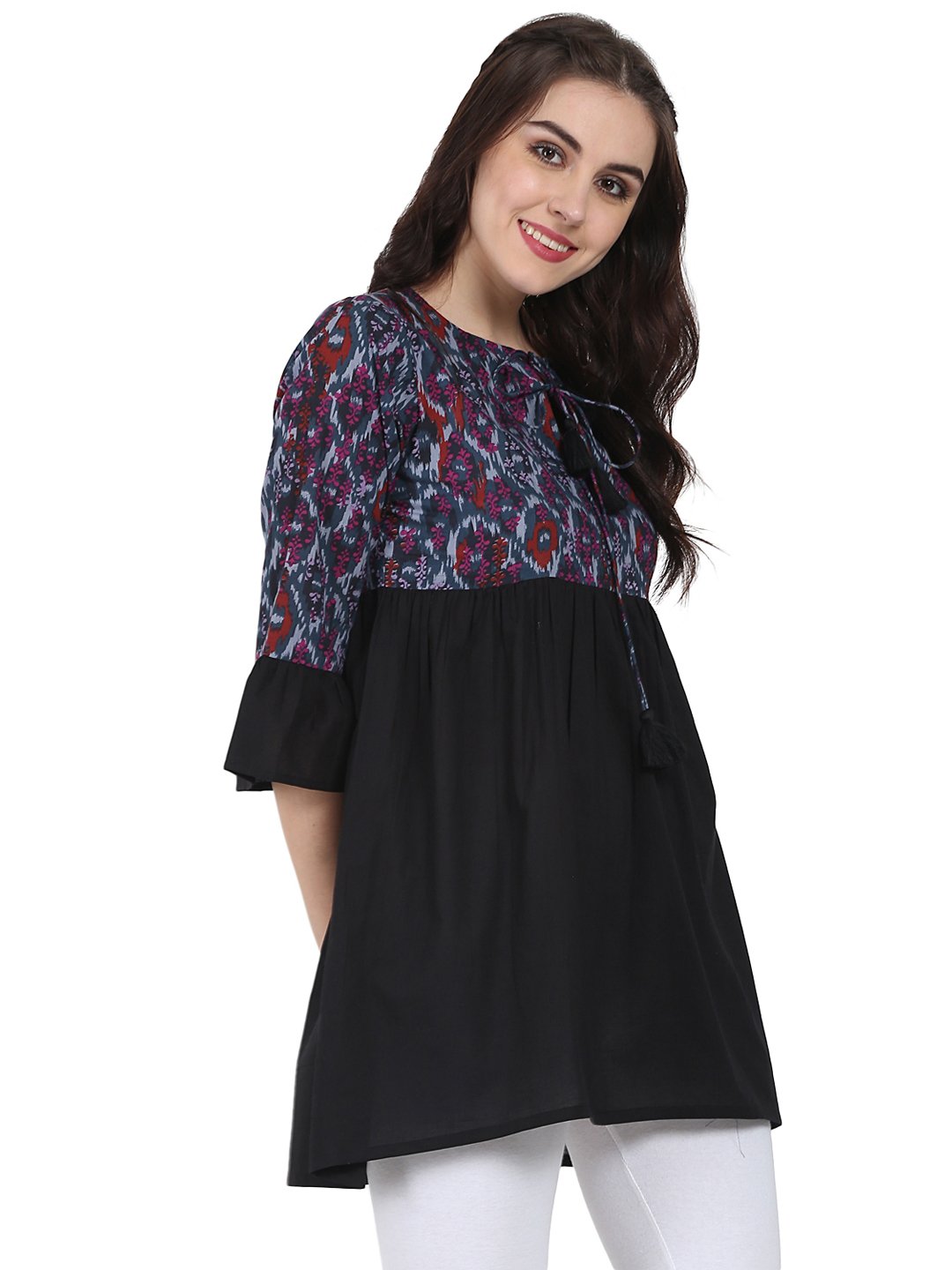 Black printed 3/4th sleeve cotton Tunic | NOZ2TOZ - Made In INDIA.