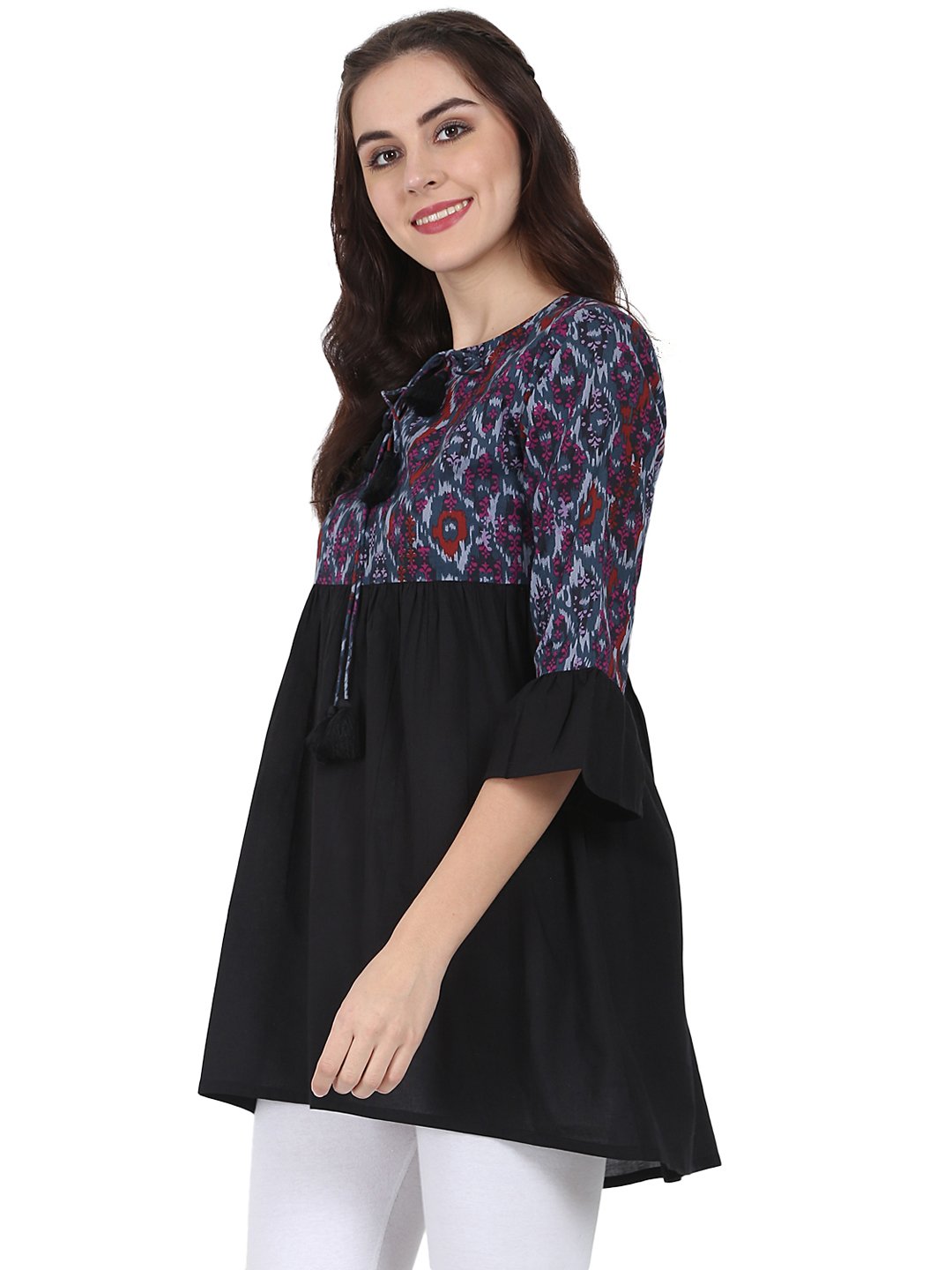 Black printed 3/4th sleeve cotton Tunic | NOZ2TOZ - Made In INDIA.