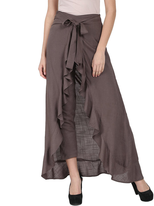 Taupe ankle length rayon slub flared skirt | NOZ2TOZ - Made In INDIA.