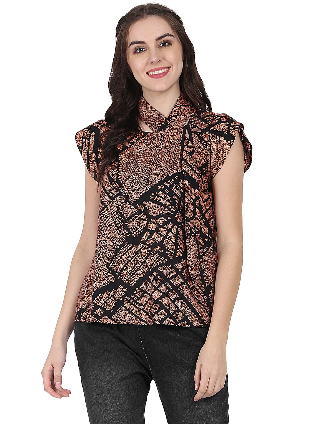 Black printed cap sleeve rayon tunic | NOZ2TOZ - Made In INDIA.