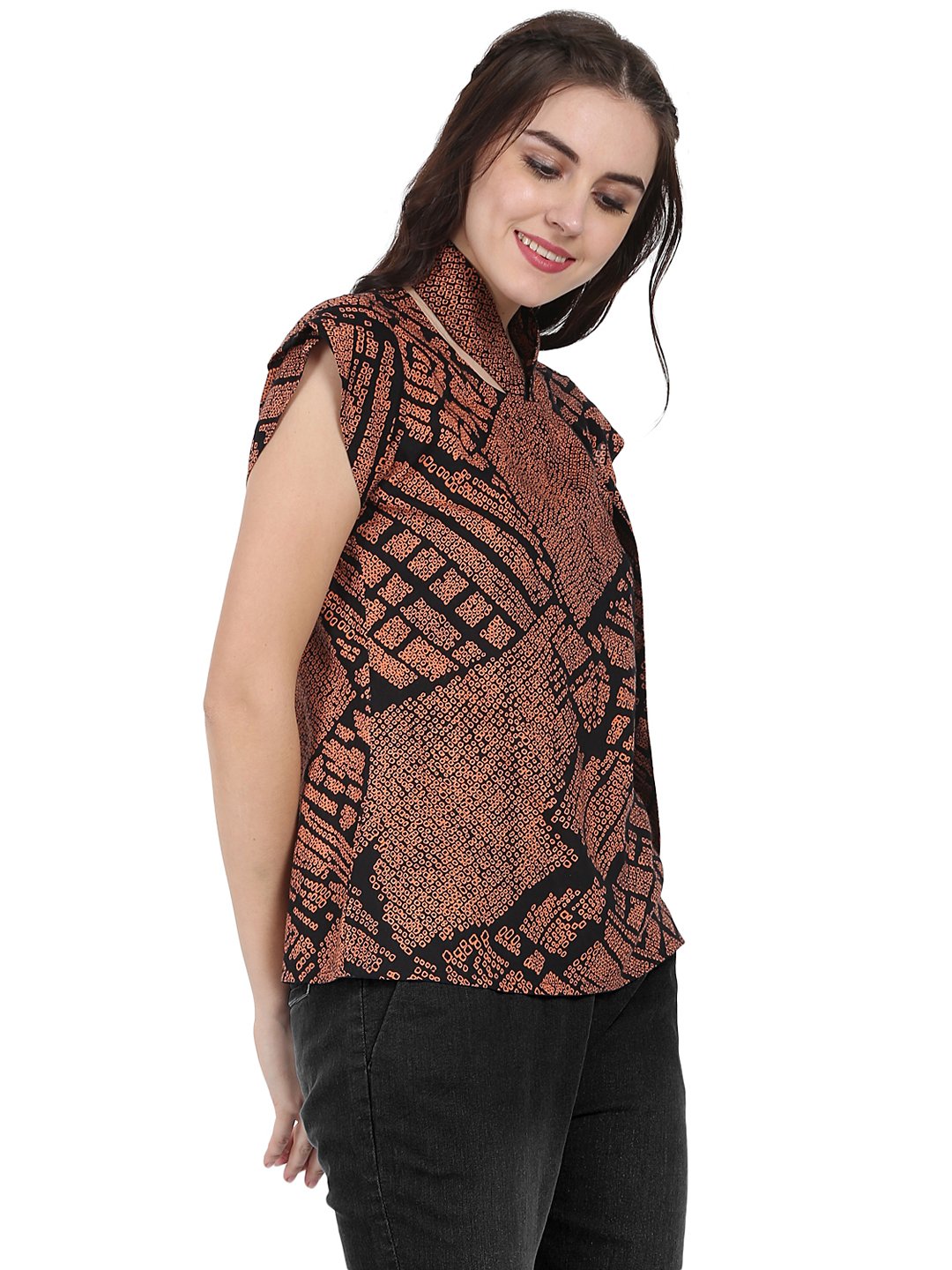 Black printed cap sleeve rayon tunic | NOZ2TOZ - Made In INDIA.