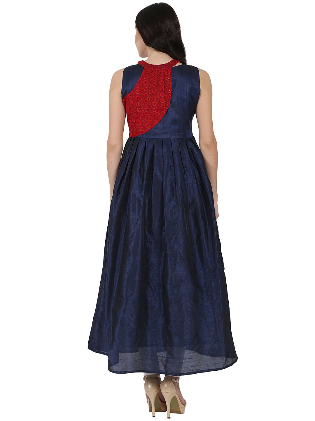 Blue sleeveless Poly dupion long anarkali kurta with yoke design | NOZ2TOZ - Made In INDIA.