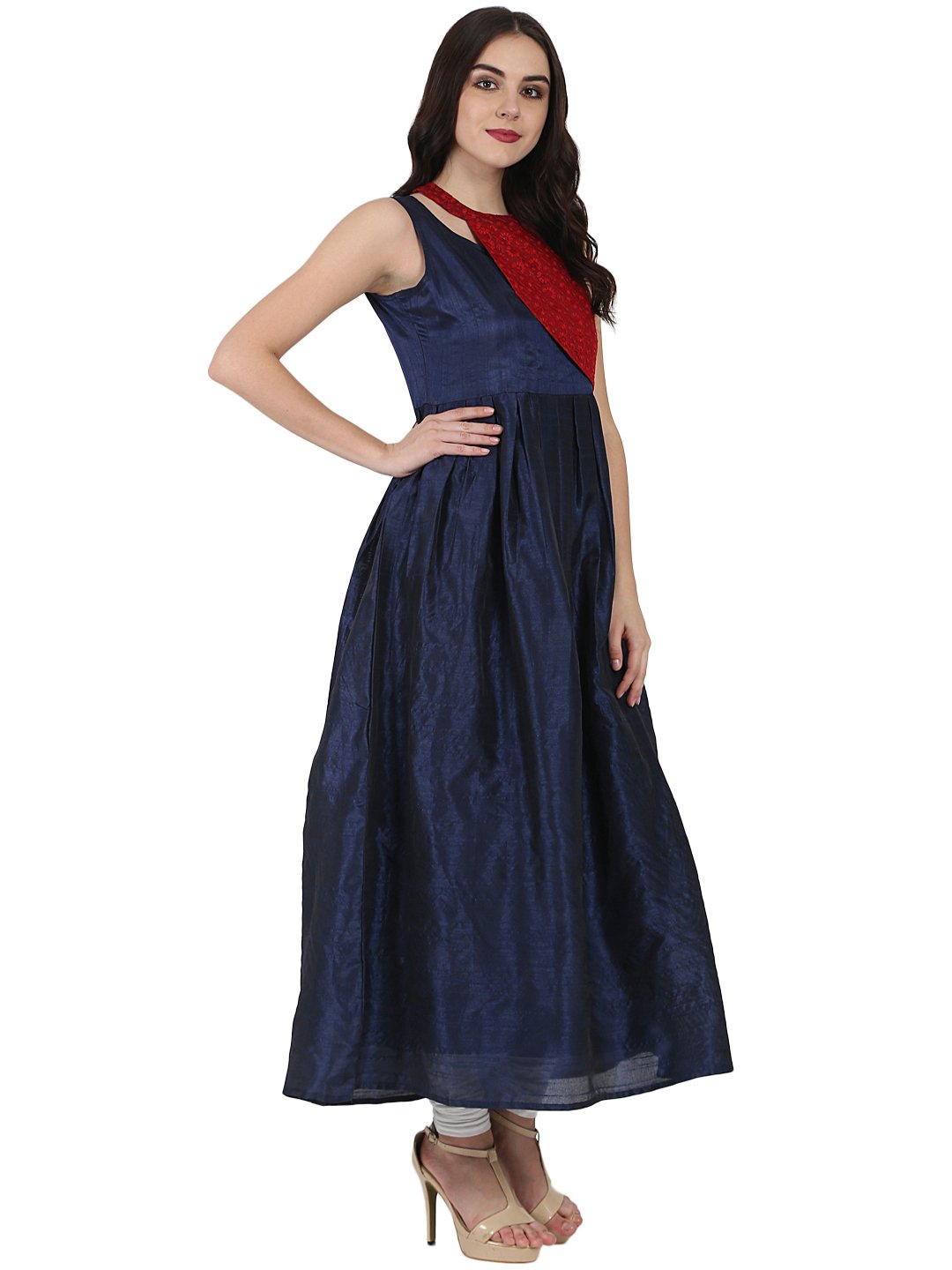 Blue sleeveless Poly dupion long anarkali kurta with yoke design | NOZ2TOZ - Made In INDIA.