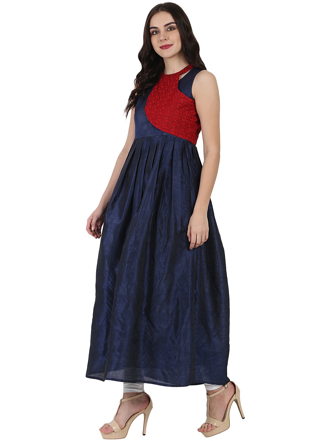 Blue sleeveless Poly dupion long anarkali kurta with yoke design | NOZ2TOZ - Made In INDIA.