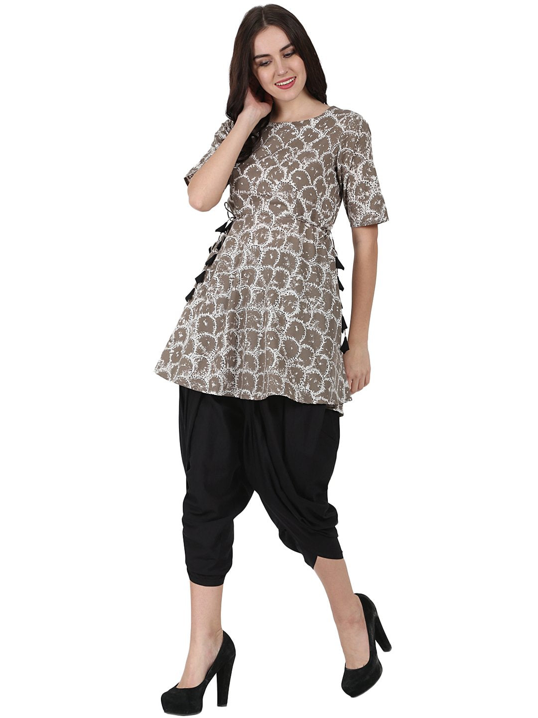 Grey printed half sleeve anarkali kurta with black ankle length dhoti | NOZ2TOZ - Made In INDIA.