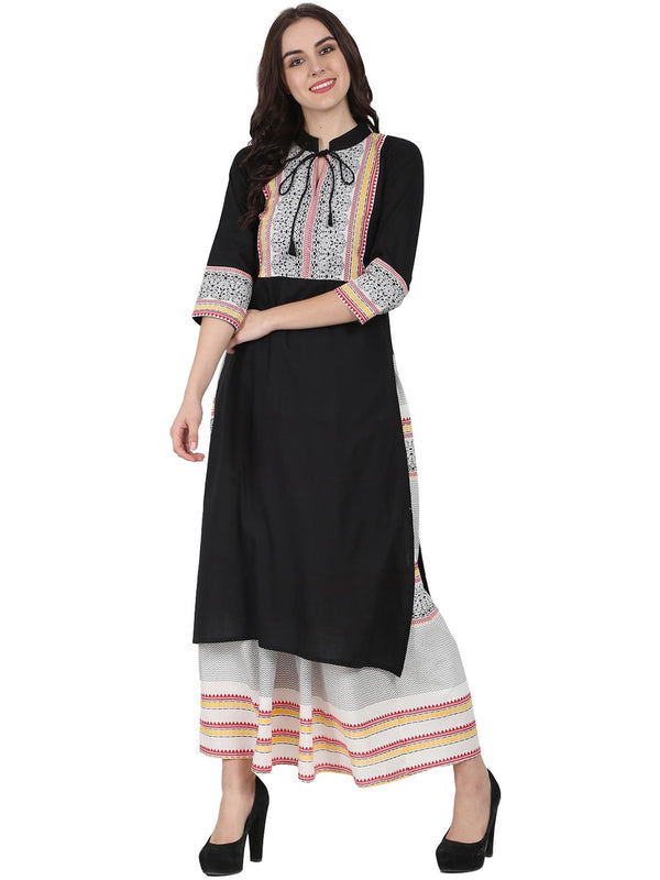 Black 3/4th sleeve cotton kurta with off white printed ankle length flared skirt | NOZ2TOZ - Made In INDIA.