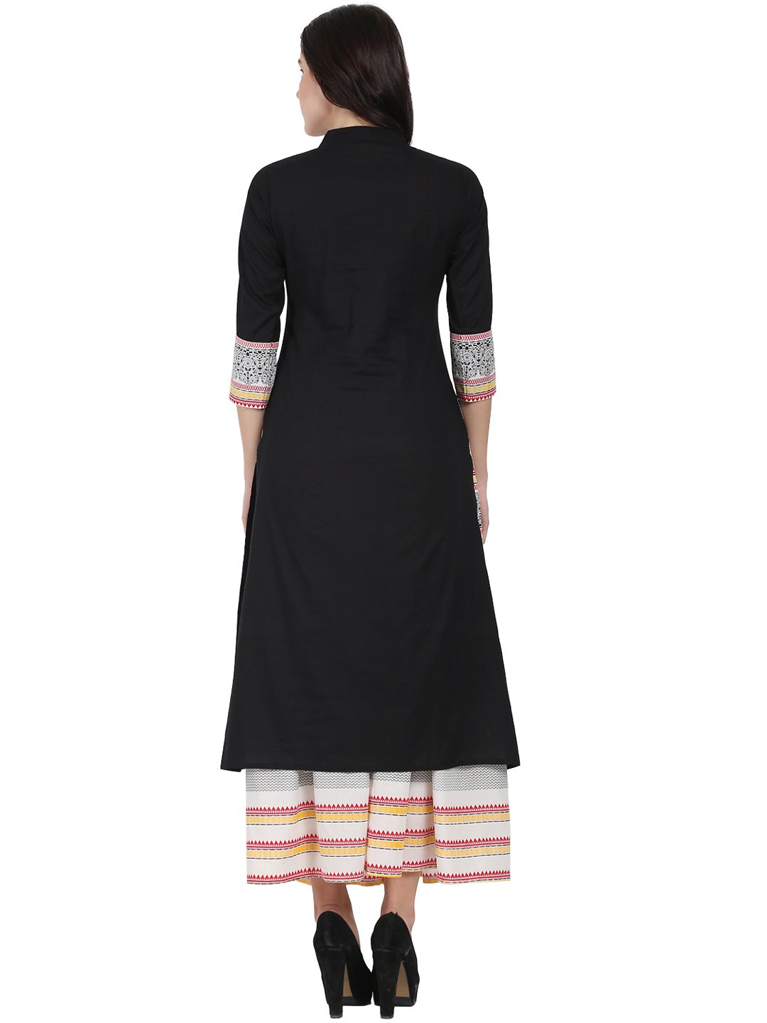 Black 3/4th sleeve cotton kurta with off white printed ankle length flared skirt | NOZ2TOZ - Made In INDIA.