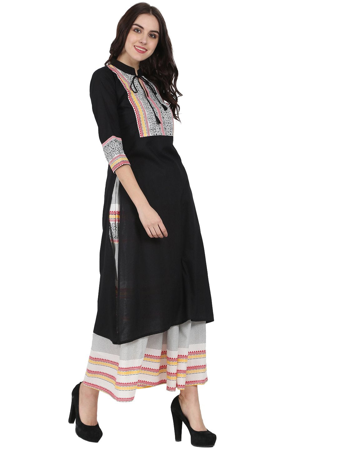 Black 3/4th sleeve cotton kurta with off white printed ankle length flared skirt | NOZ2TOZ - Made In INDIA.