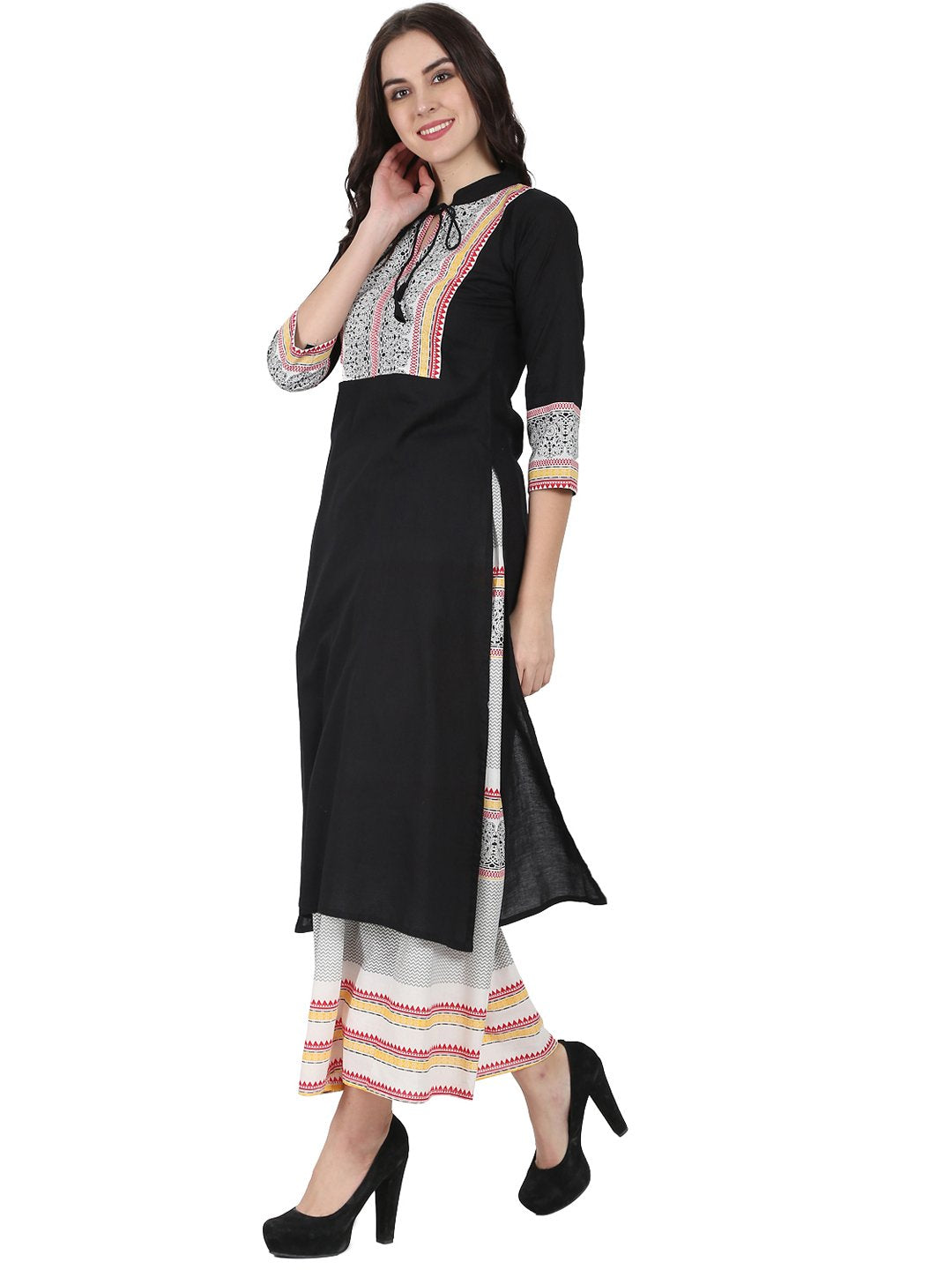 Black 3/4th sleeve cotton kurta with off white printed ankle length flared skirt | NOZ2TOZ - Made In INDIA.