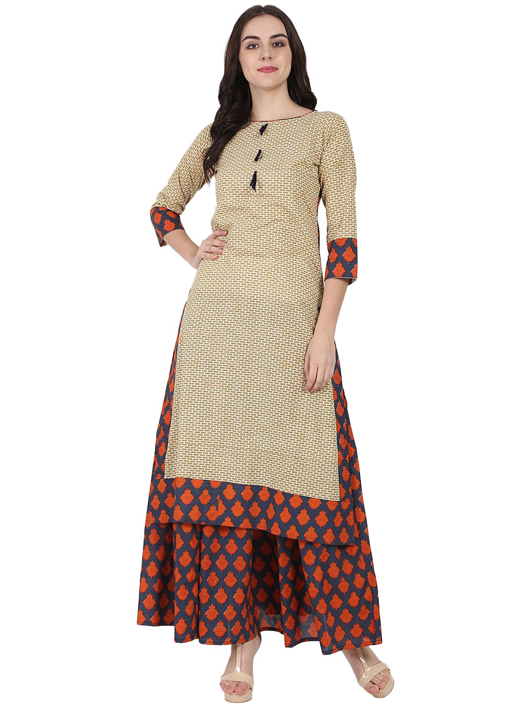 Beige printed 3/4th sleeve cotton kurta with blue printed ankle length flared skirt | NOZ2TOZ - Made In INDIA.