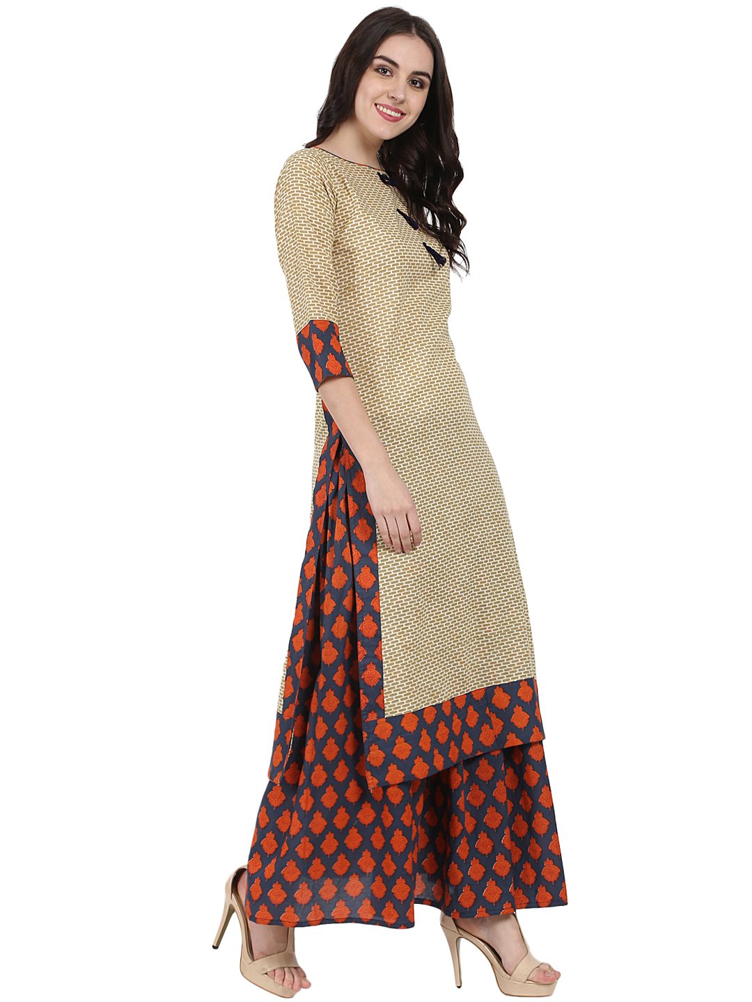 Beige printed 3/4th sleeve cotton kurta with blue printed ankle length flared skirt | NOZ2TOZ - Made In INDIA.