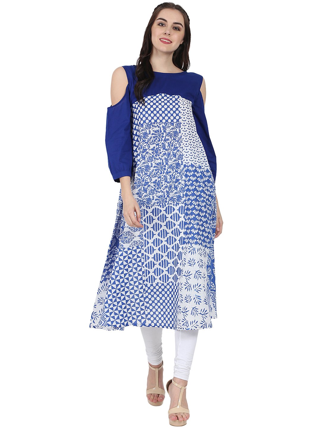 Blue printed 3/4th sleeve cold shoulder A-line kurta | NOZ2TOZ - Made In INDIA.