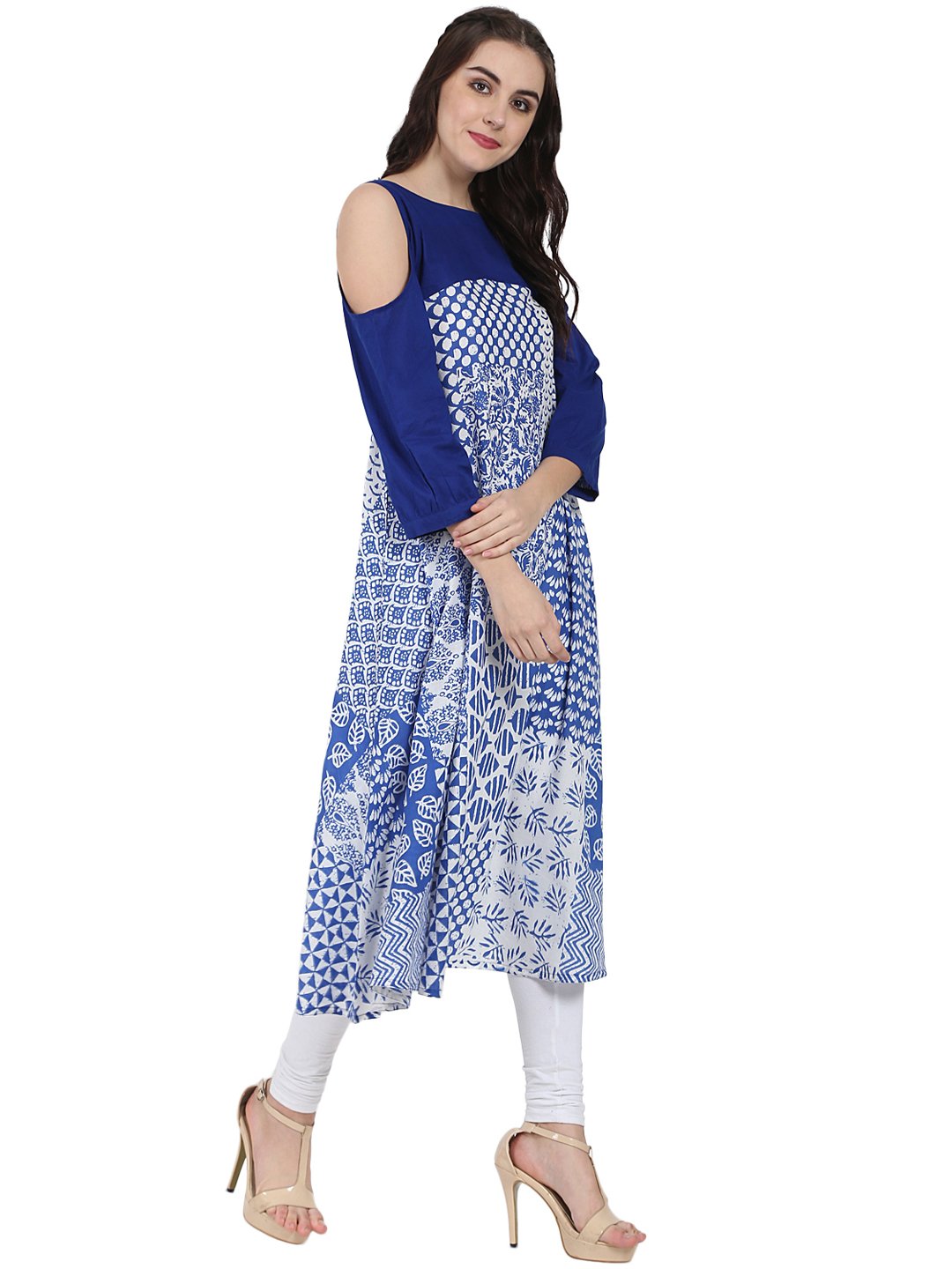 Blue printed 3/4th sleeve cold shoulder A-line kurta | NOZ2TOZ - Made In INDIA.