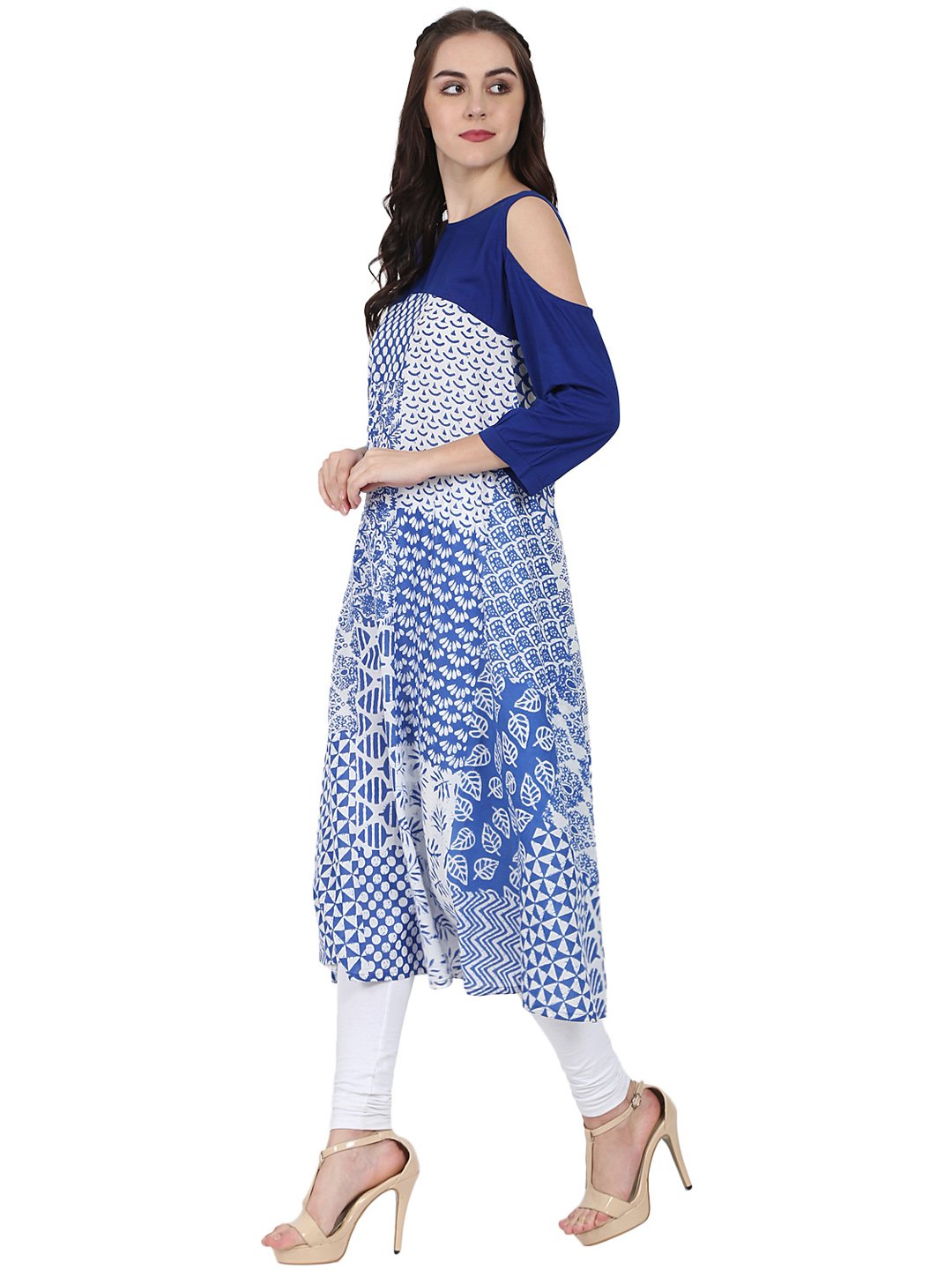 Blue printed 3/4th sleeve cold shoulder A-line kurta | NOZ2TOZ - Made In INDIA.