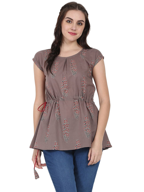 Taupe printed cap sleeve cotton Tunic | NOZ2TOZ - Made In INDIA.