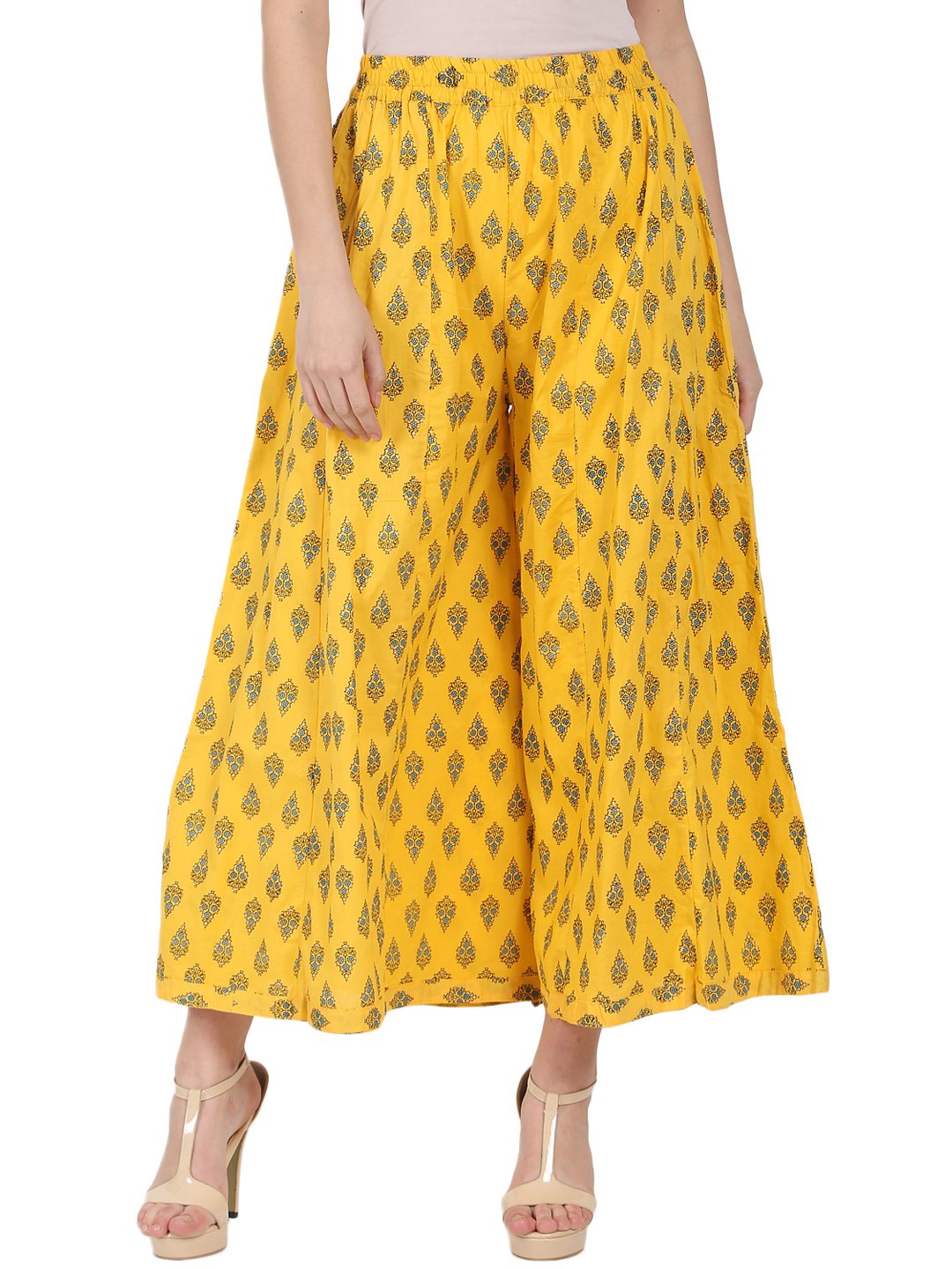 Yellow printed ankle length cotton Palazzo | NOZ2TOZ - Made In INDIA.