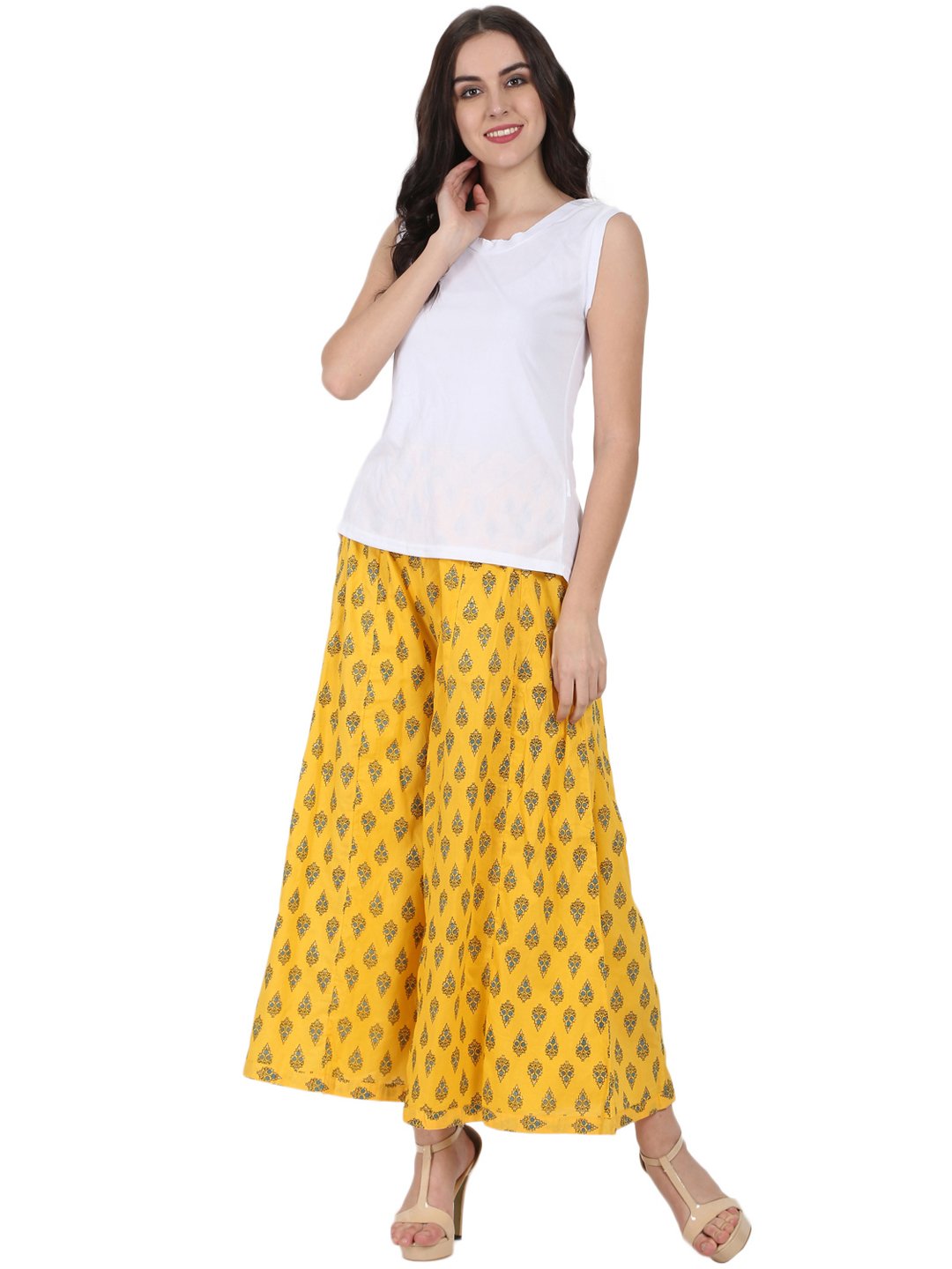 Yellow printed ankle length cotton Palazzo | NOZ2TOZ - Made In INDIA.