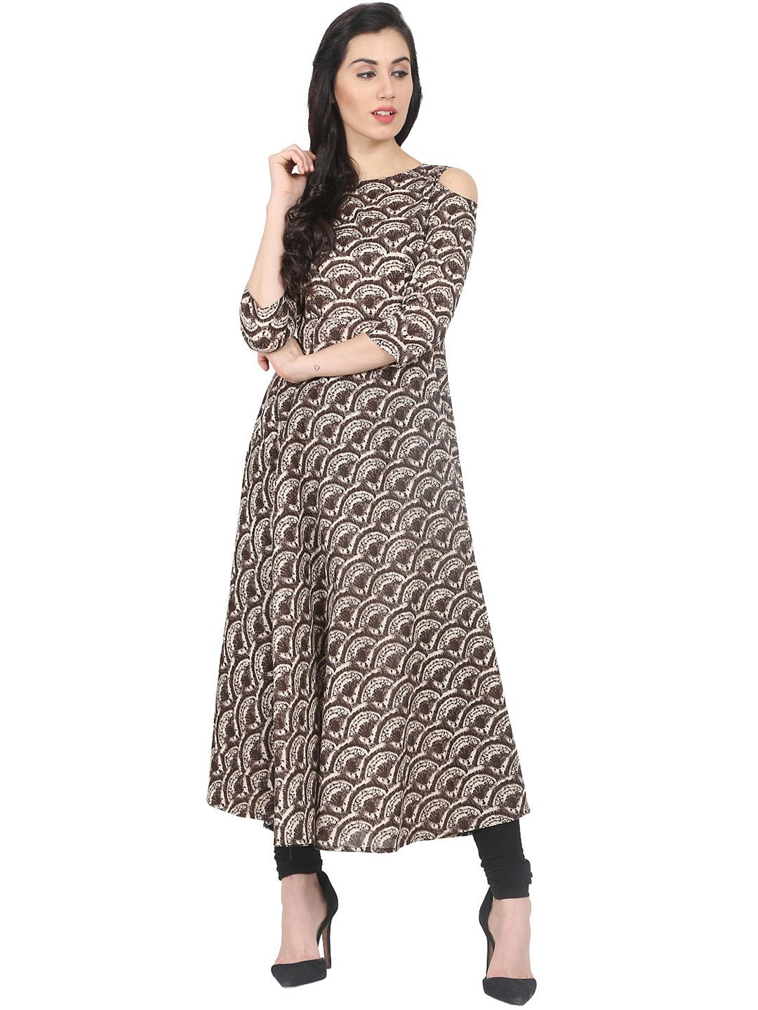 Grey printed 3/4th cold shoulder sleeve cotton Anarkali kurta | NOZ2TOZ - Made In INDIA.