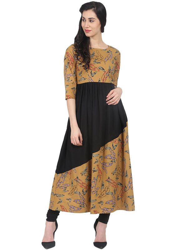 Mustard and black printed 3/4th sleeve cotton Anarkali kurta | NOZ2TOZ - Made In INDIA.