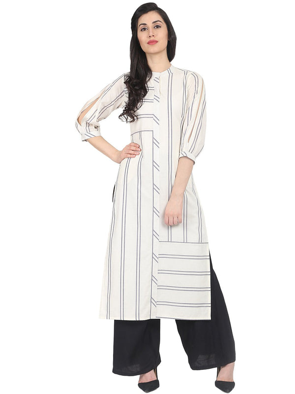 White striped 3/4th sleeve cotton straight kurta | NOZ2TOZ - Made In INDIA.