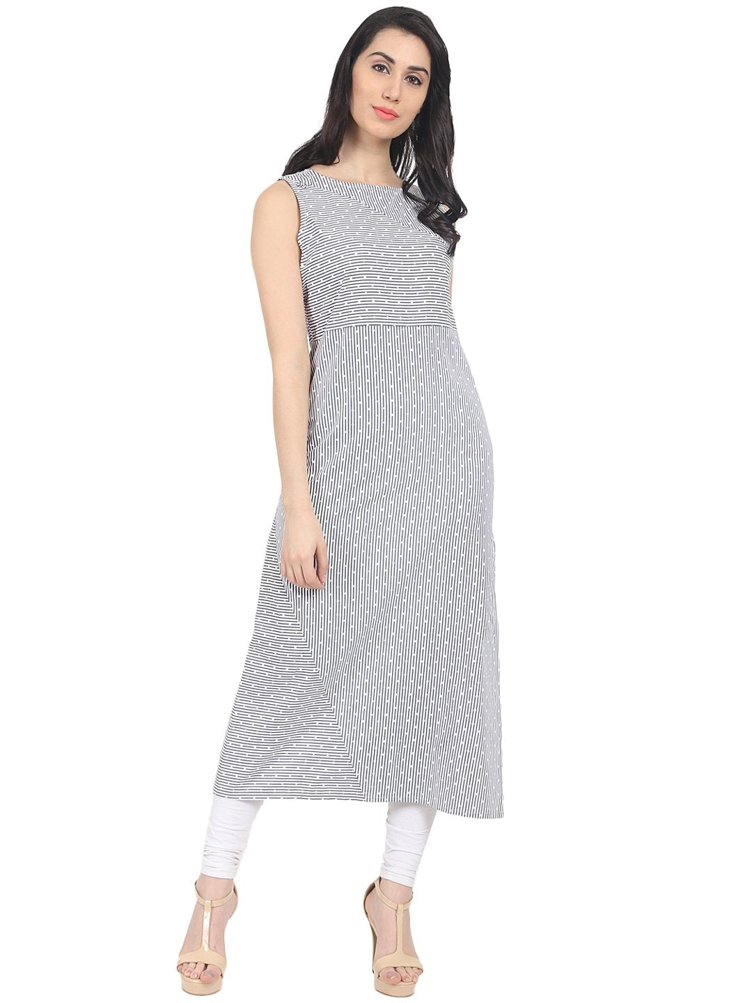 Blue striped sleeveless cotton A-line kurta with Pocket | NOZ2TOZ - Made In INDIA.