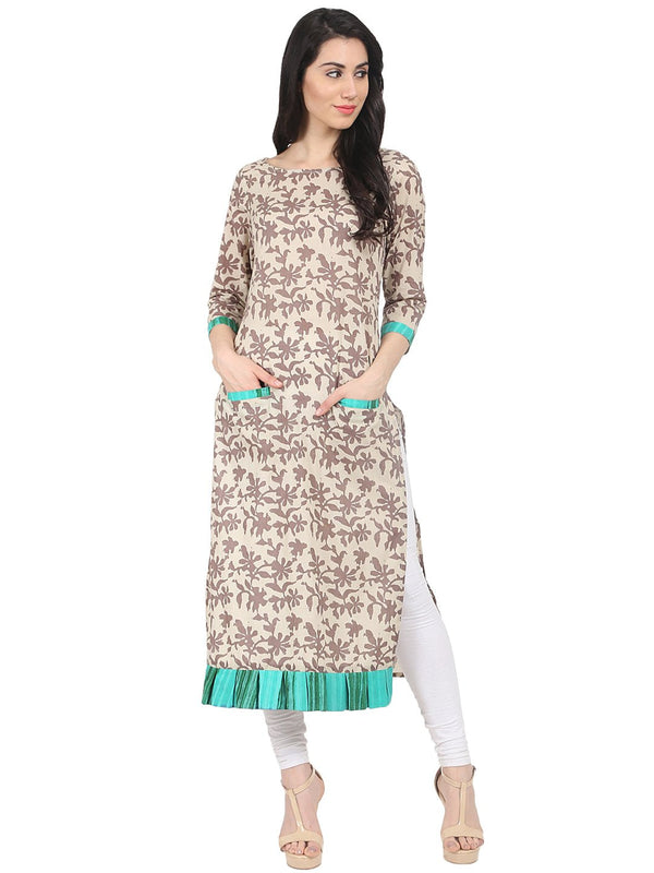 Beige printed 3/4th sleeve cotton straight kurta | NOZ2TOZ - Made In INDIA.