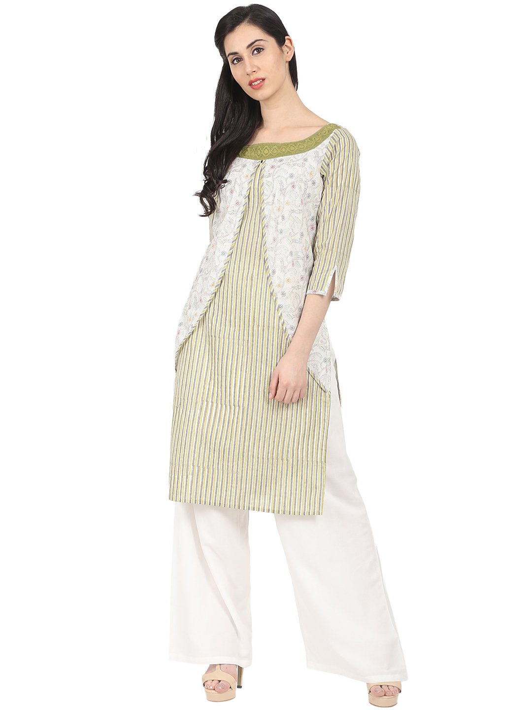 Green striped 3/4th sleeve cotton Kurta | NOZ2TOZ - Made In INDIA.