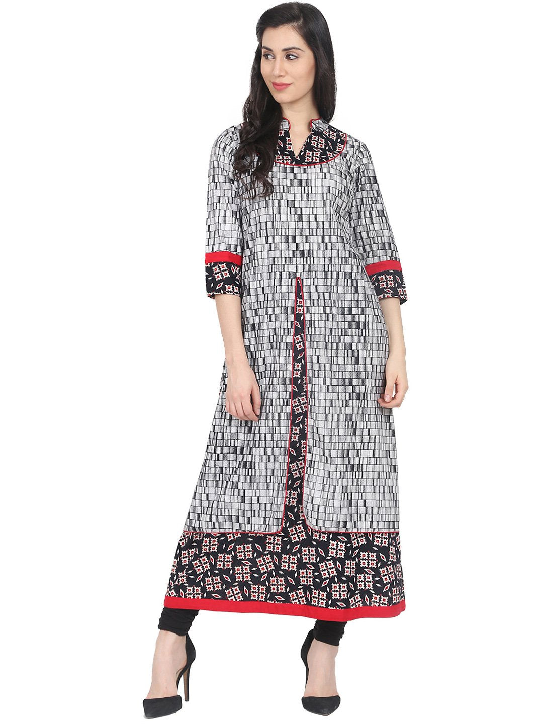 Black printed 3/4th sleeve Cotton front layered kurta | NOZ2TOZ - Made In INDIA.