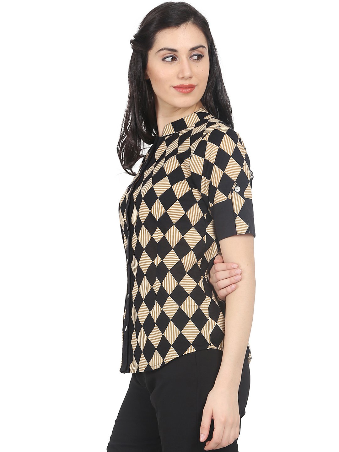 Women Black & Beige Slim Fit Checked Casual Shirt | NOZ2TOZ - Made In INDIA.