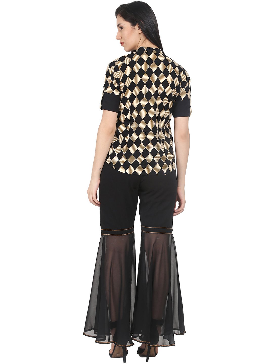 Black printed half sleeve cotton shirt with black georgette sharara | NOZ2TOZ - Made In INDIA.