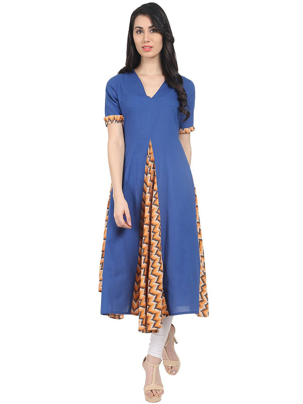 Blue printed half sleeve cotton A-line kurta | NOZ2TOZ - Made In INDIA.