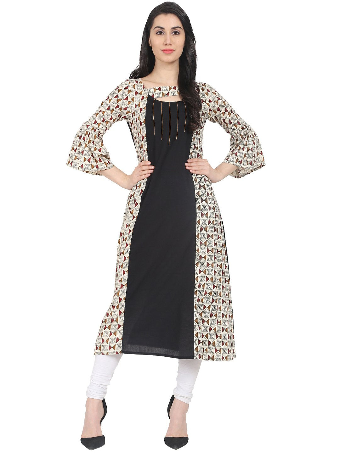 Black check 3/4th sleeve cotton A-line kurta | NOZ2TOZ - Made In INDIA.