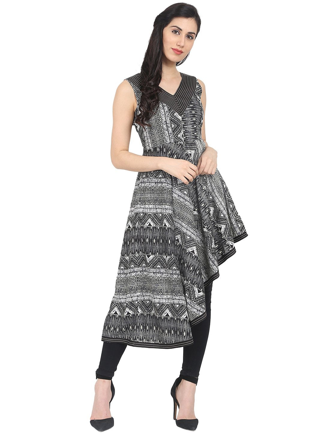 Grey printed sleeveless cotton Anarkali kurta | NOZ2TOZ - Made In INDIA.