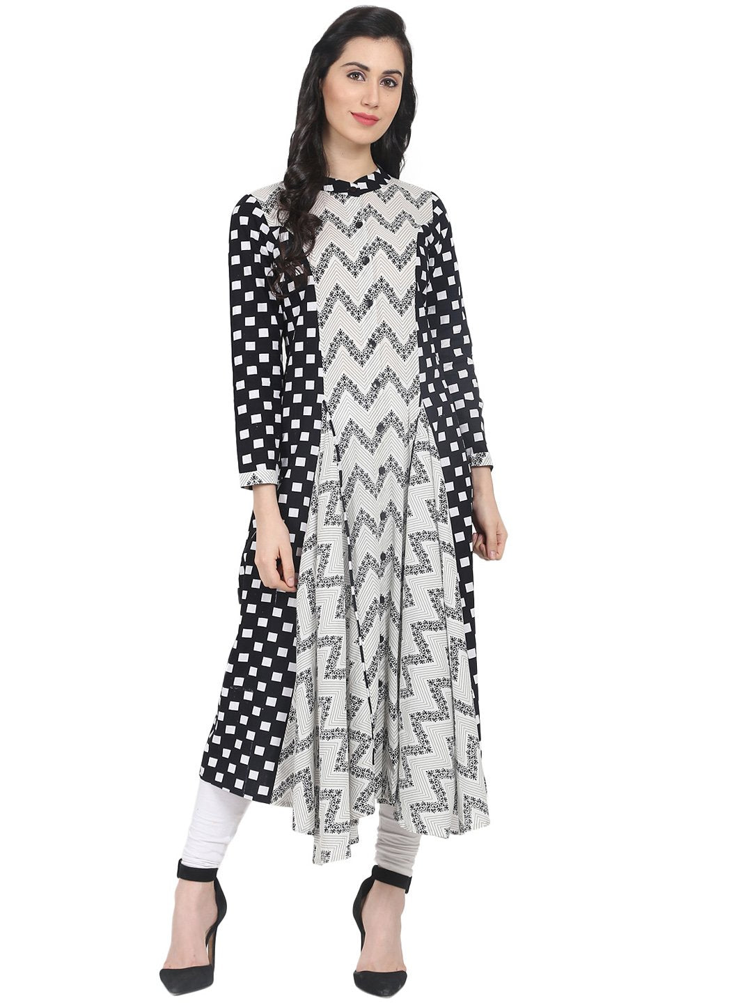 Black & off white printed 3/4th sleeve cotton A-line kurta | NOZ2TOZ - Made In INDIA.