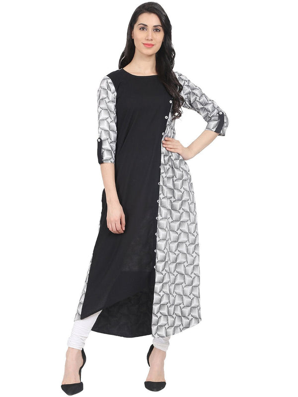 Black & off white printed 3/4th sleeve cotton A-line kurta | NOZ2TOZ - Made In INDIA.