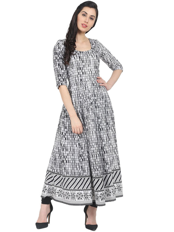 Grey check printed 3/4th sleeve cotton maxi dress | NOZ2TOZ - Made In INDIA.