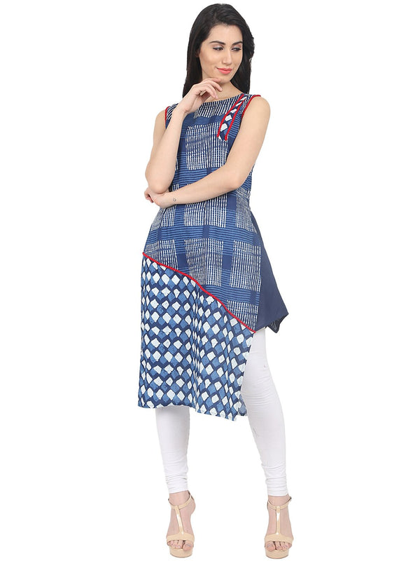 Blue check printed sleeveless cotton kurta | NOZ2TOZ - Made In INDIA.