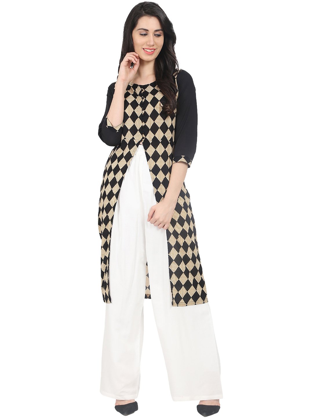 Black check 3/4th sleeve cotton kurta with front slit | NOZ2TOZ - Made In INDIA.