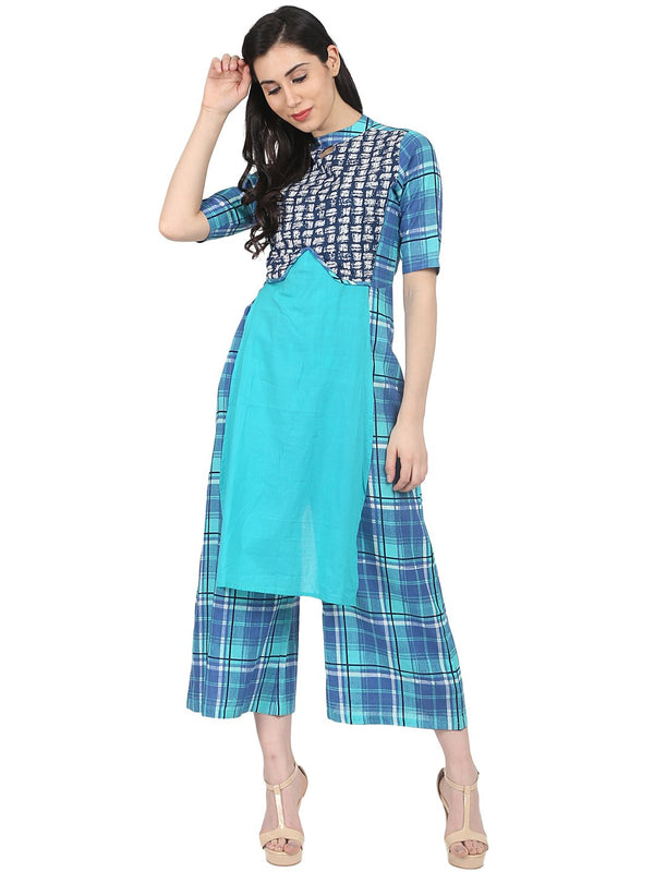 Blue Check printed half sleeve cotton jumpsuit | NOZ2TOZ - Made In INDIA.