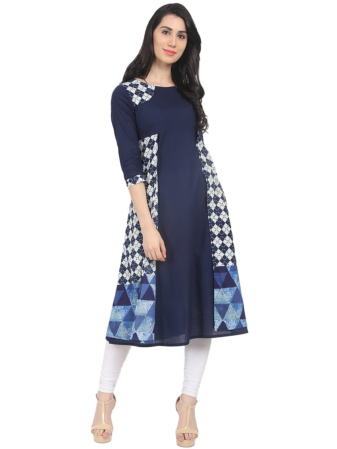 Blue printed 3/4th sleeve cotton A-line kurta | NOZ2TOZ - Made In INDIA.