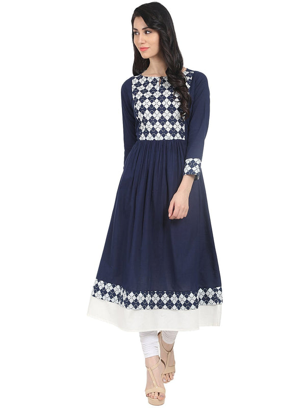 Blue printed 3/4th sleeve cotton Anarkali kurta | NOZ2TOZ - Made In INDIA.