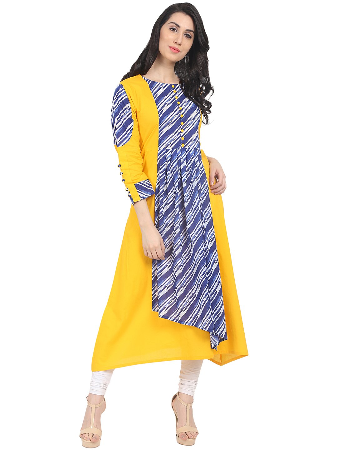 Yellow & Blue printed 3/4th sleeve cotton Anarkali kurta | NOZ2TOZ - Made In INDIA.