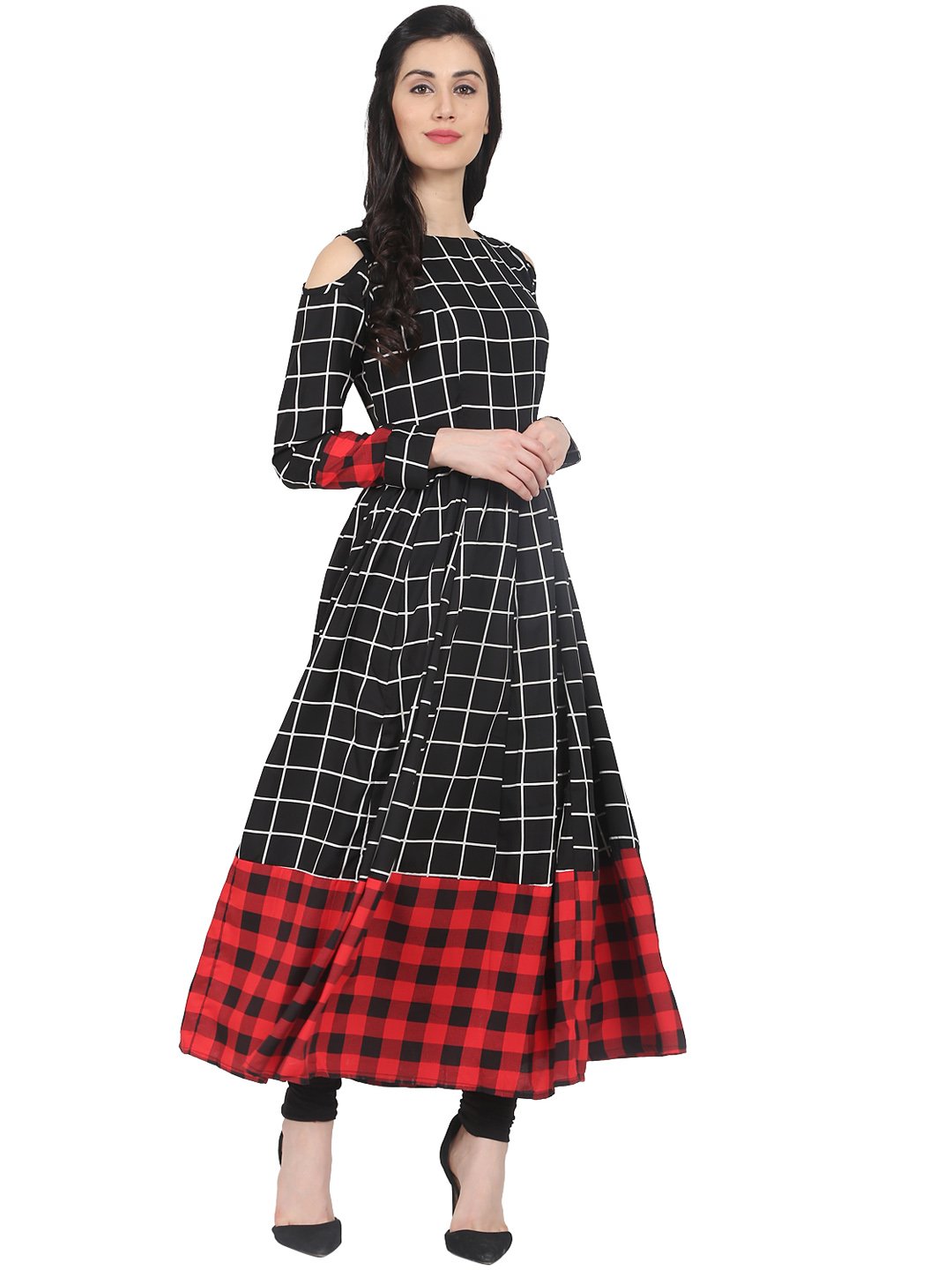 Black & Red check 3/4th sleeve crepe Anarkali kurta | NOZ2TOZ - Made In INDIA.