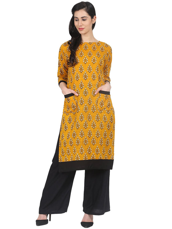 Yellow printed 3/4th sleeve cotton kurta with double pocket | NOZ2TOZ - Made In INDIA.