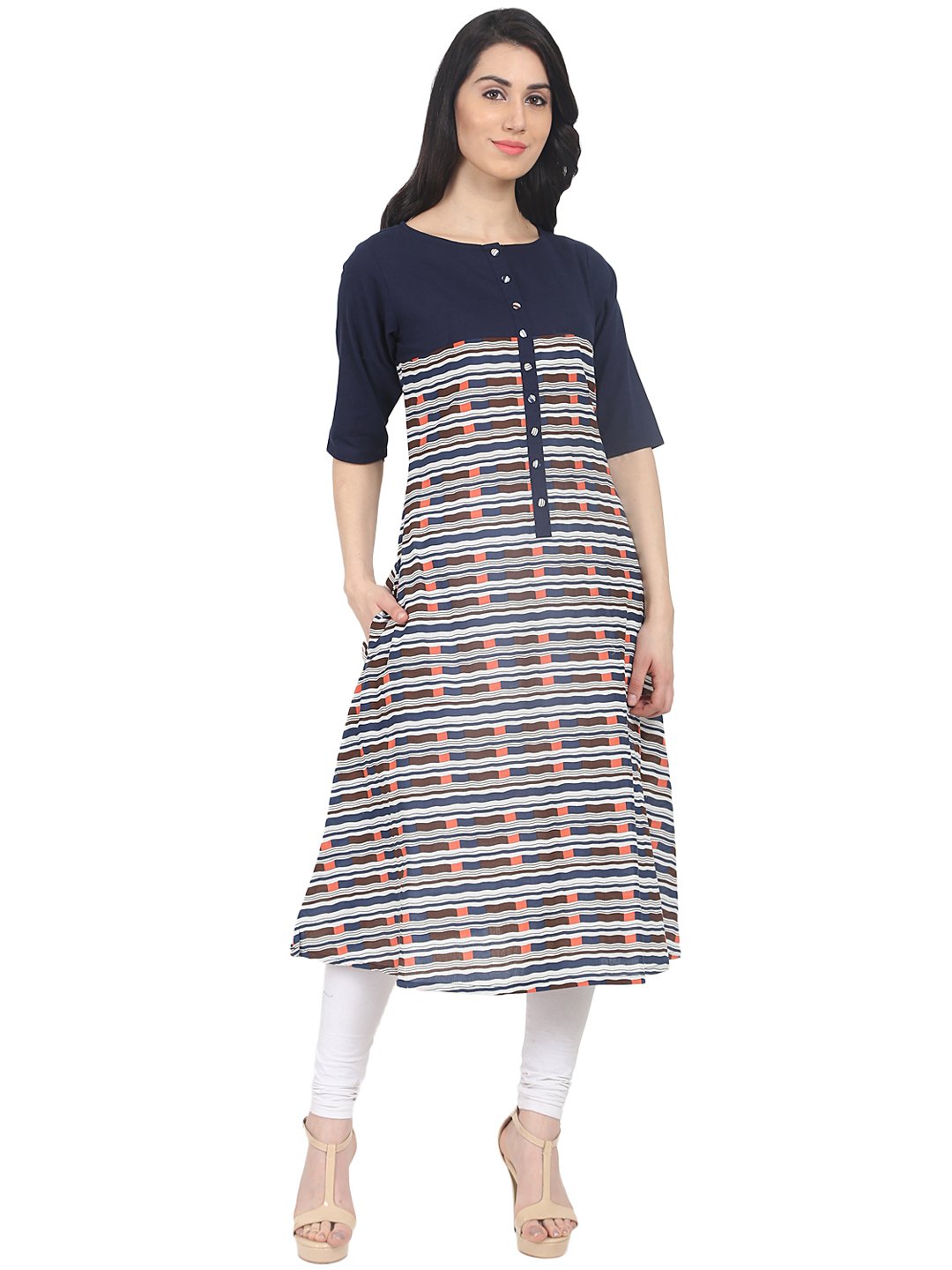 Blue striped half sleeve cotton A-line kurta with side pocket | NOZ2TOZ - Made In INDIA.