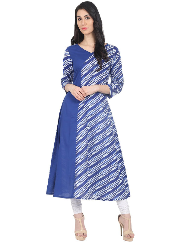 Blue striped 3/4th sleeve cotton A-line kurta | NOZ2TOZ - Made In INDIA.