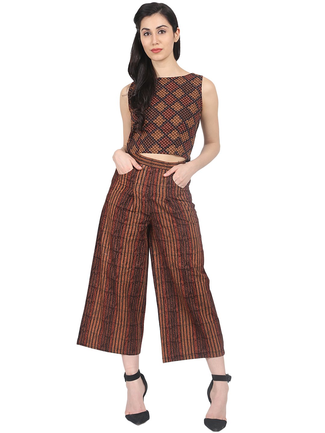 Brown check sleeveless crop top with striped calf length flared palazzo | NOZ2TOZ - Made In INDIA.