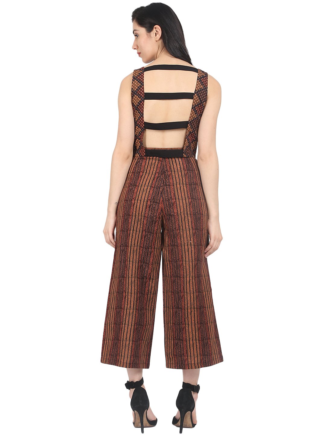 Brown check sleeveless crop top with striped calf length flared palazzo | NOZ2TOZ - Made In INDIA.